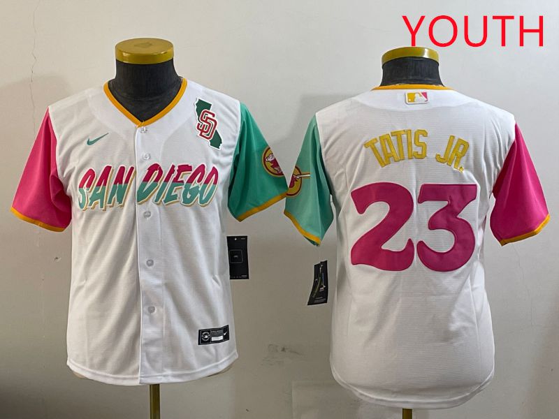 Youth San Diego Padres 23 Tatis jr White City Edition 2025 Nike MLB Jersey style 1